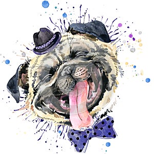 Pug Dog portrait cartoon watercolor illustration