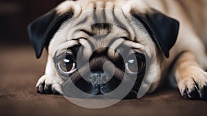 pug dog portrait Closeup of a Pug puppy laying down and staring at the camera with sad eyes.