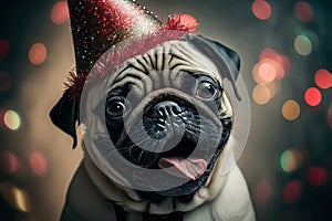 A pug dog with a red gnome hat created