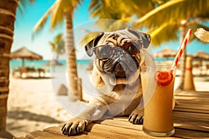 Pug dog is relaxing on the beach with a cocktail. Resort holiday concept with pets. Generative AI