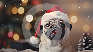 Pug dog in a Santa hat. Christmas blurred background