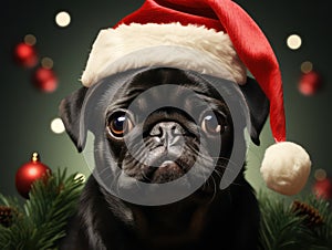 Pug dog in a Santa's hat isolated on green background. Christmas background