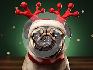 Pug dog in a Santa's hat isolated on green background. Christmas background