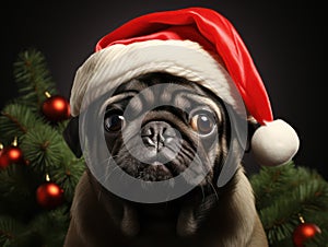 Pug dog in a Santa's hat isolated on green background. Christmas background