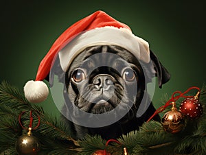 Pug dog in a Santa's hat isolated on green background. Christmas background