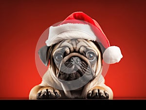 Pug dog in a Santa's hat isolated on red background. Christmas background