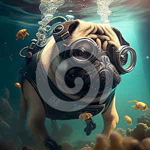 Pug dog scuba diving. AI generated