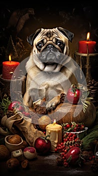 A pug dog sitting in front of a table with food and candles, AI