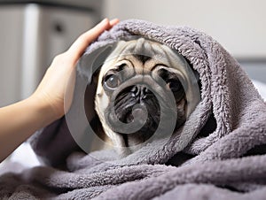 Pug dog after taking a shower, cute wet pug dog sitting after shower on bed, pets grooming and washing.