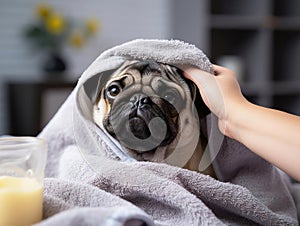 Pug dog after taking a shower, cute wet pug dog sitting after shower on bed, pets grooming and washing.