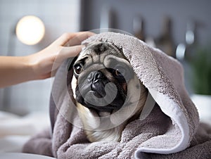 Pug dog after taking a shower, cute wet pug dog sitting after shower on bed, pets grooming and washing.