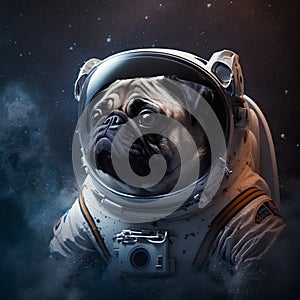 Pug dog wearing astronaut suit against the background of the outer space.