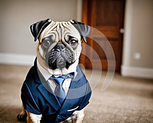 A pug dog wearing a suit and tie sitting on the floor.