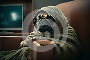 Pug dog wrapped in blanket with coffee mug in front of him. Generative AI