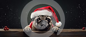 Pug dog with wrinkled head and fawn coat lying on table wearing Santa hat