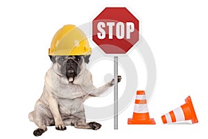 Pug dog with yellow constructor safety helmet and red stop sign on pole