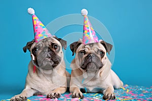 Pug dogs with birthday party hats in front of blue background with confetti and balloons. Generative AI illustration