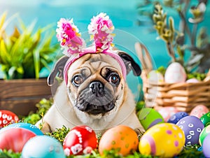 Pug Dressed as Easter Bunny with Eggs