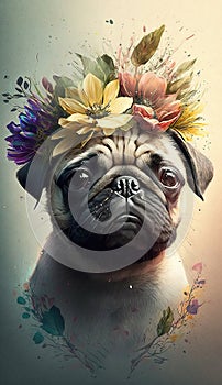 a pug with a flower crown on its head is shown in a digital painting style, with the words, the pug's ridd paths