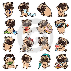 Pug icons set, cartoon style