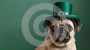 Pug of the Irish: Adorable canine celebrates St. Patrick's Day in green leprechaun hat on vibrant green background in March.