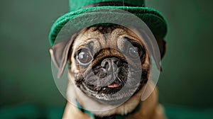 Pug of the Irish: Adorable canine celebrates St. Patrick's Day in green leprechaun hat on vibrant green background in March.