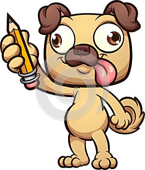 Happy cartoon pug dog standing and holding a pencil