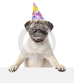 Pug puppy with birthday hat peeking from behind empty board. isolated on white