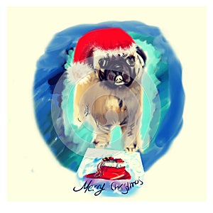 Pug puppy in Christmas hat.  illustration.