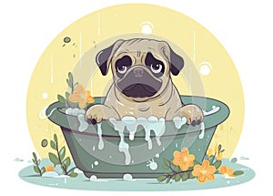 Pug Puppy Dog in Bathtub Cartoon