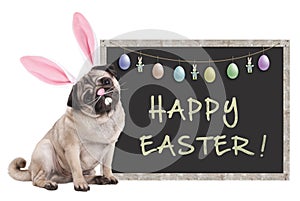 Pug puppy dog with bunny ears diadem sitting next to chalkboard sign with text happy easter and decoration, on white background
