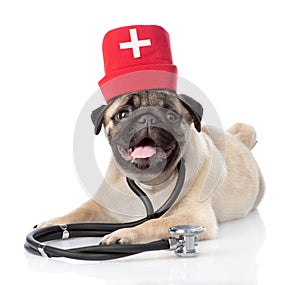Pug puppy dog wearing nurses medical hat and stethoscope. isolated on white