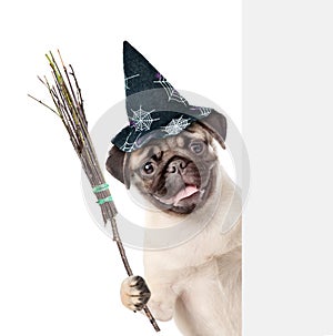 Pug puppy with hat for halloween and with witches broom stick peeking from behind empty board. isolated on white background