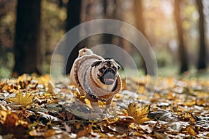 Pug runs in autumn foliage.