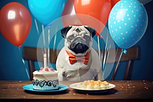 Pug\'s comical birthday party with cake and festive balloons