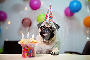 Pug\'s indoor celebration with cupcake, candles, and balloons