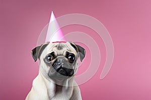 Pug\'s party hat: celebrating on a pink background, copy space