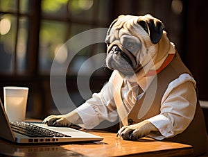 Pug in suit typing in office