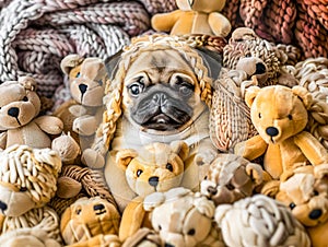 Pug Surrounded by Plush Teddy Bears