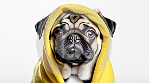 Close-up of pug in yellow towel on light background drying off after shower with space for text. Grooming, dog salon