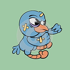 A pugnacious beaten bird in a plaster. Vintage toons: funny character, vector illustration trendy classic retro cartoon