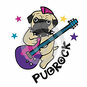 Pugrock , Pug play electronic guitar cartoon  illustration