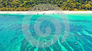 Puka Shell Beach, Boracay Island, Philippines, aerial view. Colorful lagoon with clear water and coral bottom