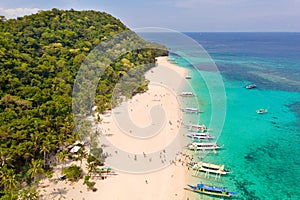 Puka Shell Beach. Wide tropical beach with white sand. Beautiful white beach and azure water on Boracay island, Philippines, top