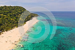 Puka Shell Beach. Wide tropical beach with white sand. Beautiful white beach and azure water on Boracay island, Philippines, top