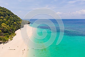 Puka Shell Beach. Wide tropical beach with white sand. Beautiful white beach and azure water on Boracay island, Philippines, top