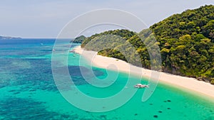 Puka Shell Beach. Wide tropical beach with white sand. Beautiful white beach and azure water on Boracay island, Philippines, top