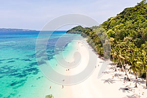 Puka Shell Beach. Wide tropical beach with white sand. Beautiful white beach and azure water on Boracay island, Philippines, top