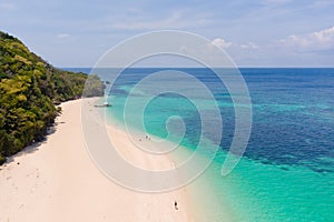 Puka Shell Beach. Wide tropical beach with white sand. Beautiful white beach and azure water on Boracay island, Philippines, top photo