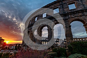 Pula Amphitheater of Croatia sunset